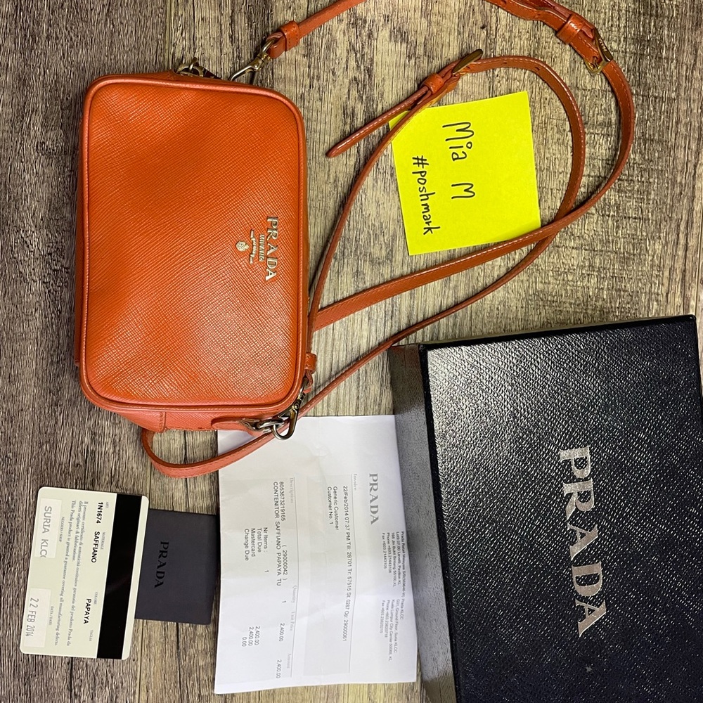 Prada saffiano papaya mini box w/box, card, reciept.